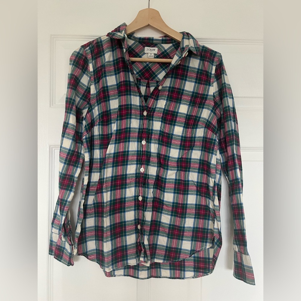 J. Crew Perfect Tartan Plaid Button Down Long Sleeve Shirt green white red  S